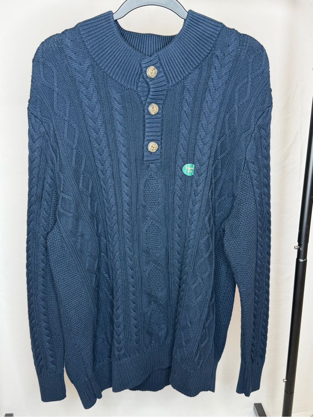L.L. Bean Navy Cable-Knit Crewneck Button Sweater